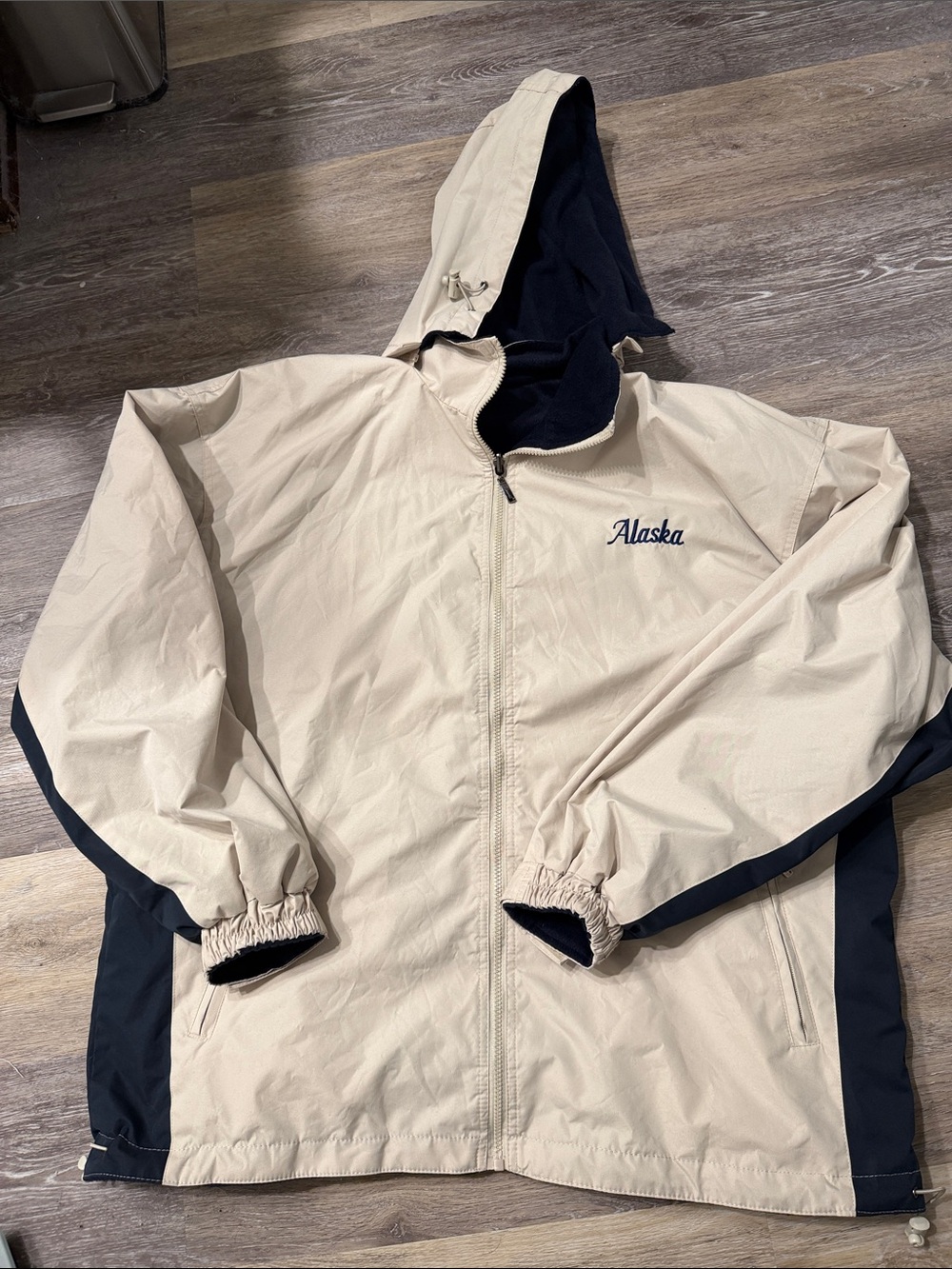 Unisex Alaska Hooded Jacket in Cream with Navy Trim, fully reversible!